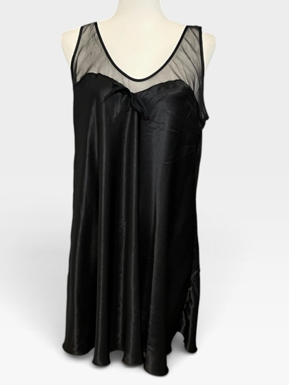 Vintage 90s Scaasi Black Satin Chemise Nightgown Slip Dress L Sheer Yoke USA